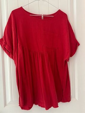 Washed Red Oversized Babydoll Tunic Pocket Top XL